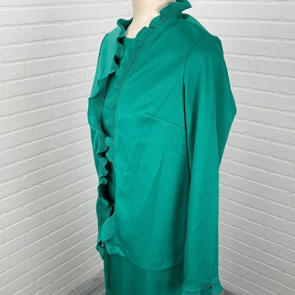 NPC Fashions Dress Jacket Set Women 14 Green Shift‎ Ruffle Career Retro 70s VTG - Picture 2 of 16